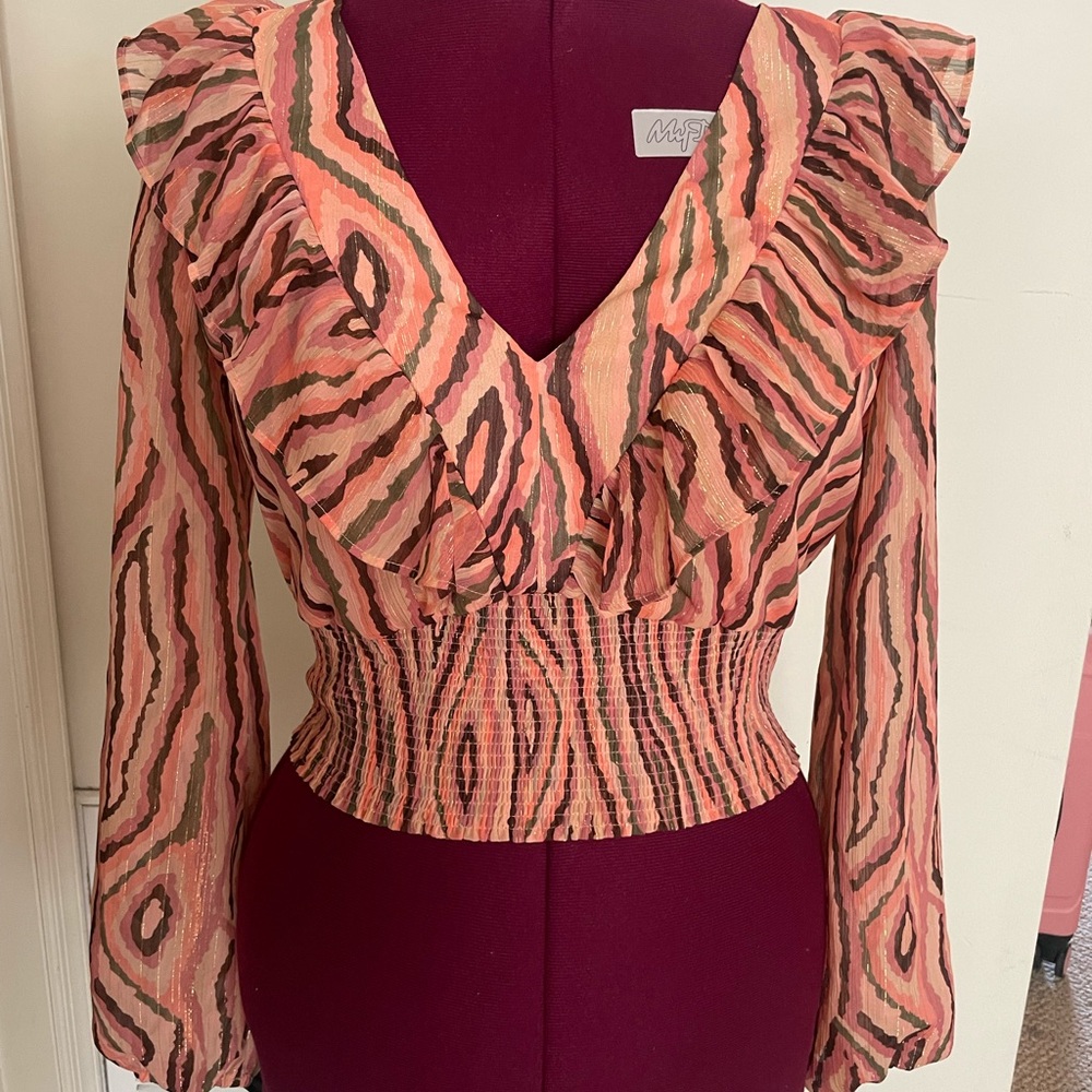 Bar III Zebra Print Ruffled Blouse - Pink and Black